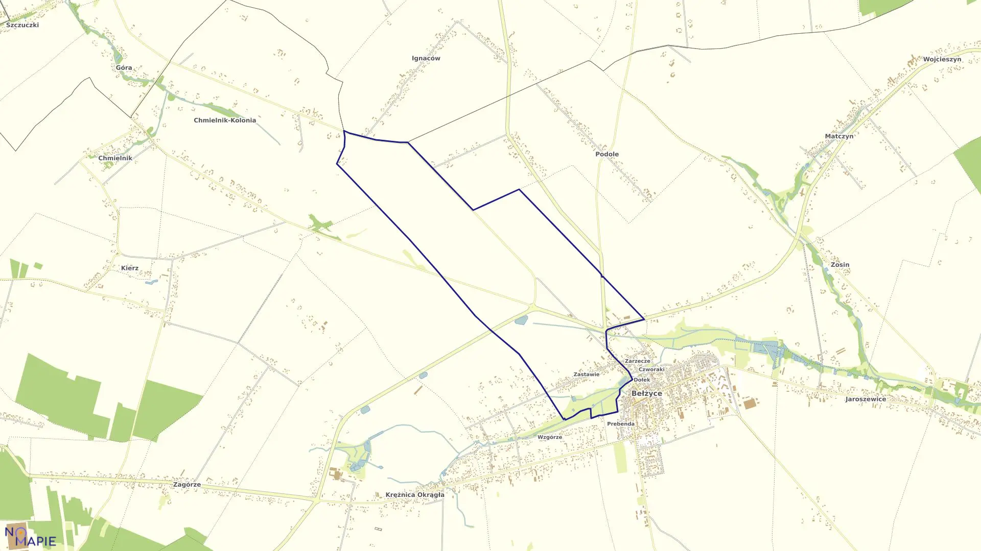 Mapa obrębu BEŁŻYCE ZASTAWIE w gminie Bełżyce