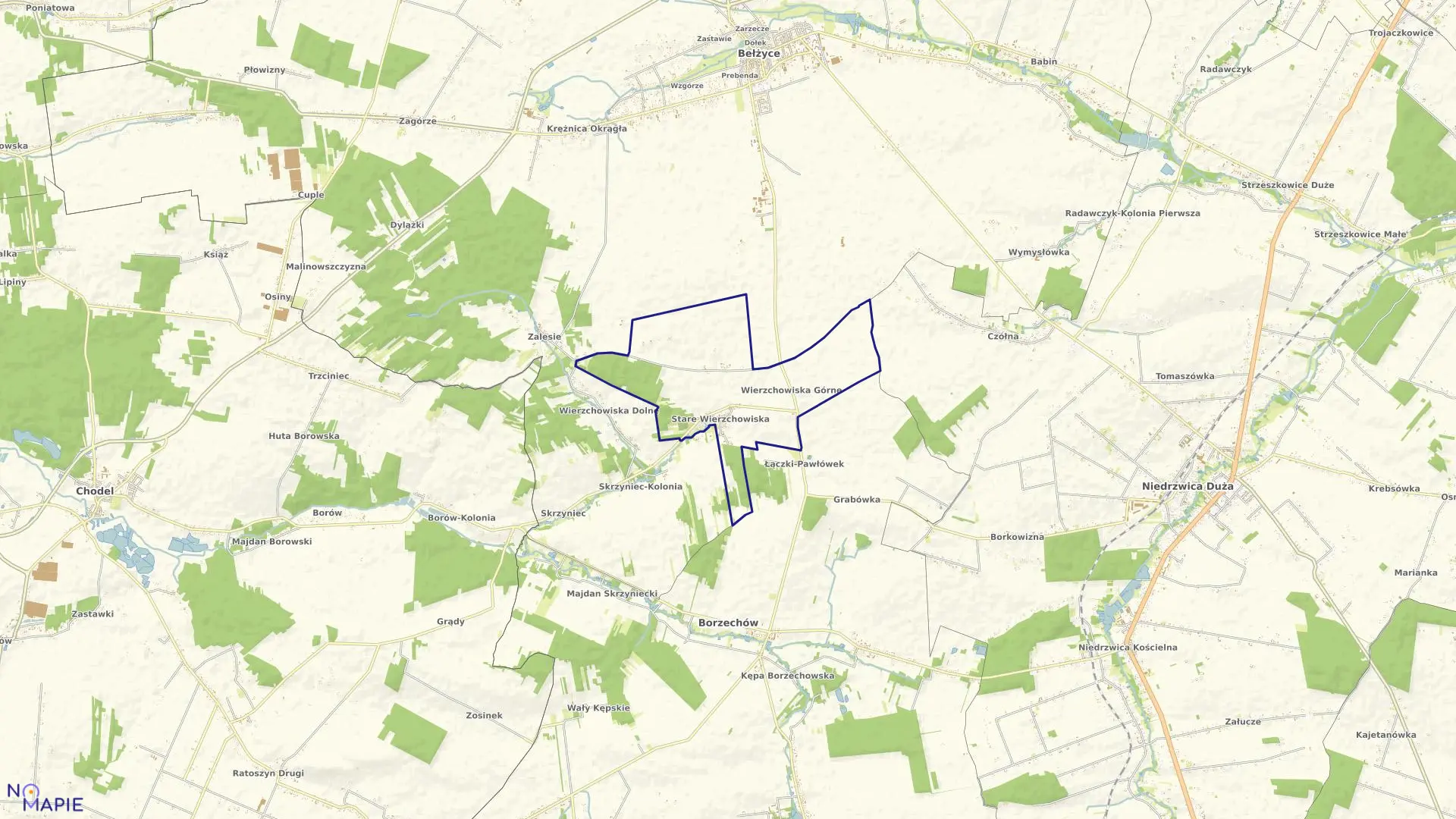 Mapa obrębu WIERZCHOWISKA w gminie Bełżyce